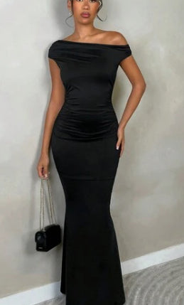 Buy Summer New Elegant Party Daily Date Oblique Shoulder One-Shoulder Off-Shoulder Front Pleated Slim Long Skirt Wavy Texture White Women's Dress online at DLC Market