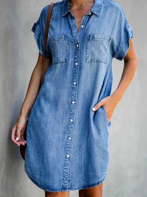 Women's Short Sleeve Slim Denim Midi Dress by null