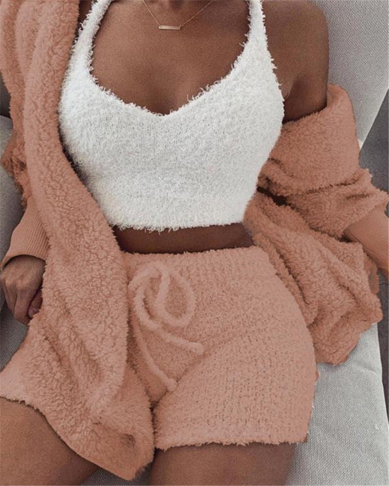 3pcs Womens Clothing Long Sleeve Crop Tank Top And Drawstring Shorts Pajama Set by null