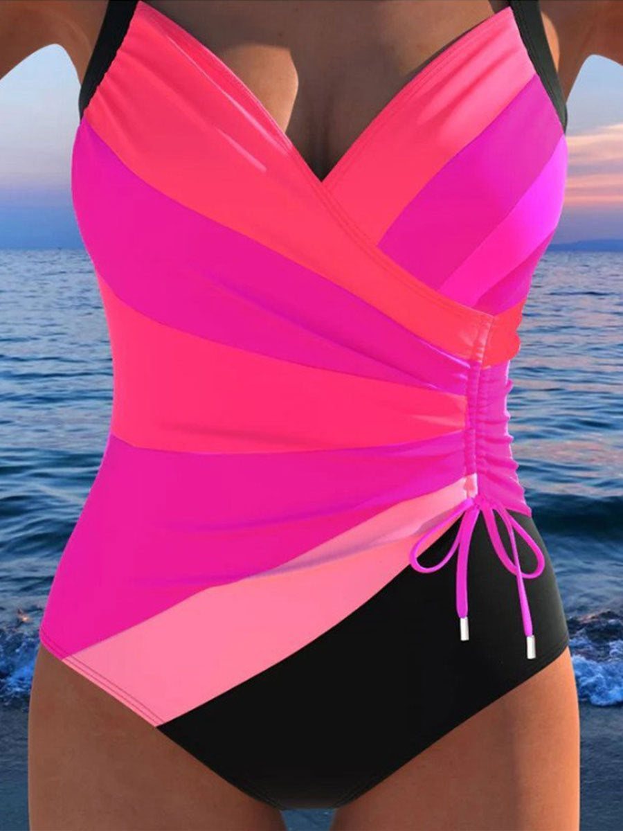 Printed Sexy Backless Drawstring Tankini Beach Swimsuit by null
