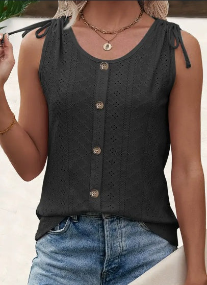 Buy Eyelet Button Front Tank Top, Casual Sleeveless Tank Top For Summer, Women's Clothing online at DLC Market