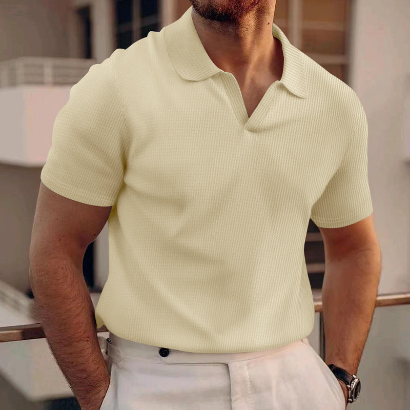 INS Waffle Lapel Short-sleeved T-shirt Summer Fashion Solid Color V-neck Polo Shirt Tops Men's Clothing by null