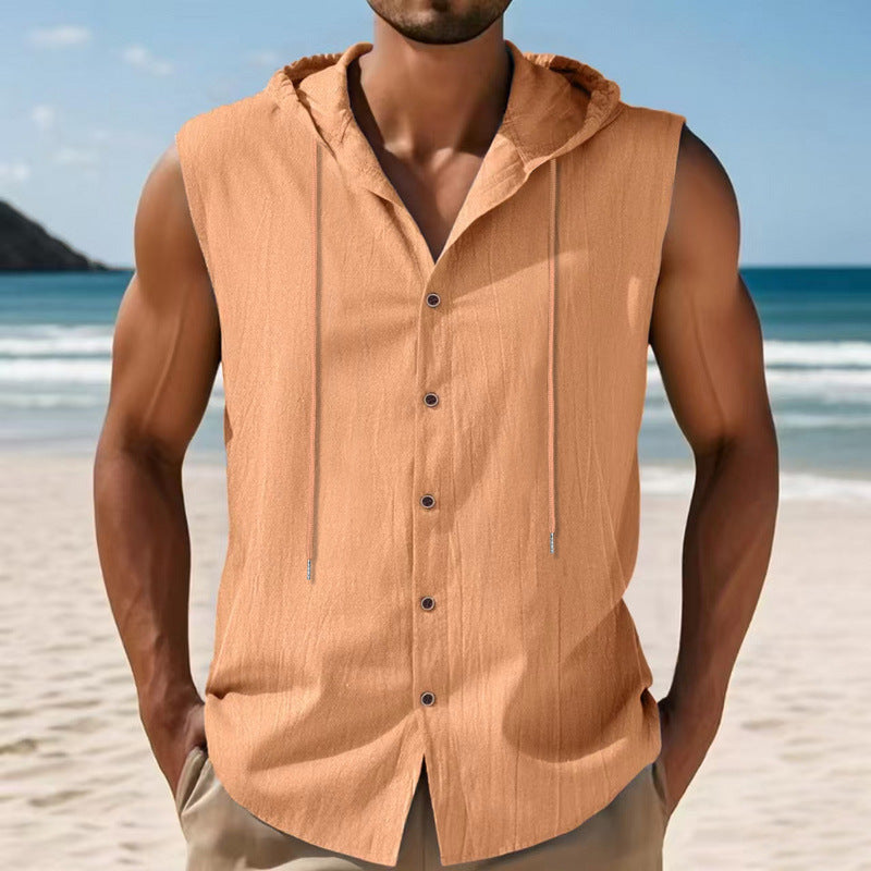 Mens Sleeveless Linen Hooded Shirt by null