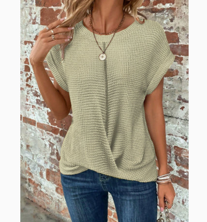 Buy Short-sleeved Waffle T-shirt Summer New Solid Color Crew Neck Top For Womens Clothing online at DLC Market