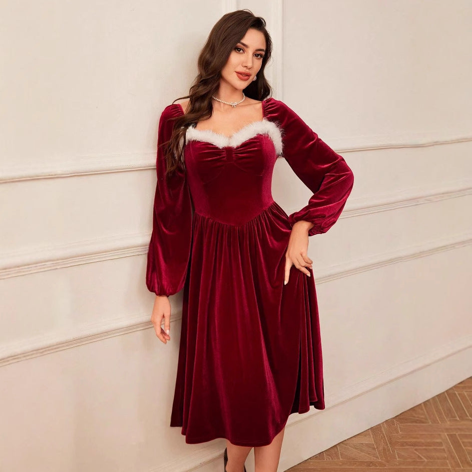 Wine Red Velvet Dress For Women Vintage Christmas Party Long Sleeve Lantern Sleeve With Elegant Slimming Waist by null
