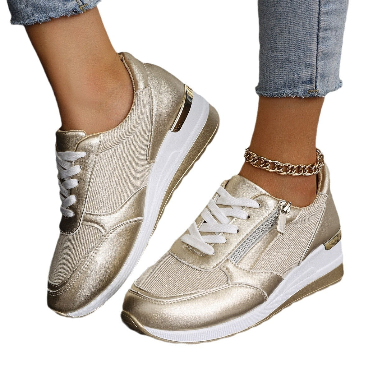 Buy Women's Lace-up Casual Shoes FFashion Side Zipper Design Thick-soled Shoes Walking Running Sports Sneakers online at DLC Market