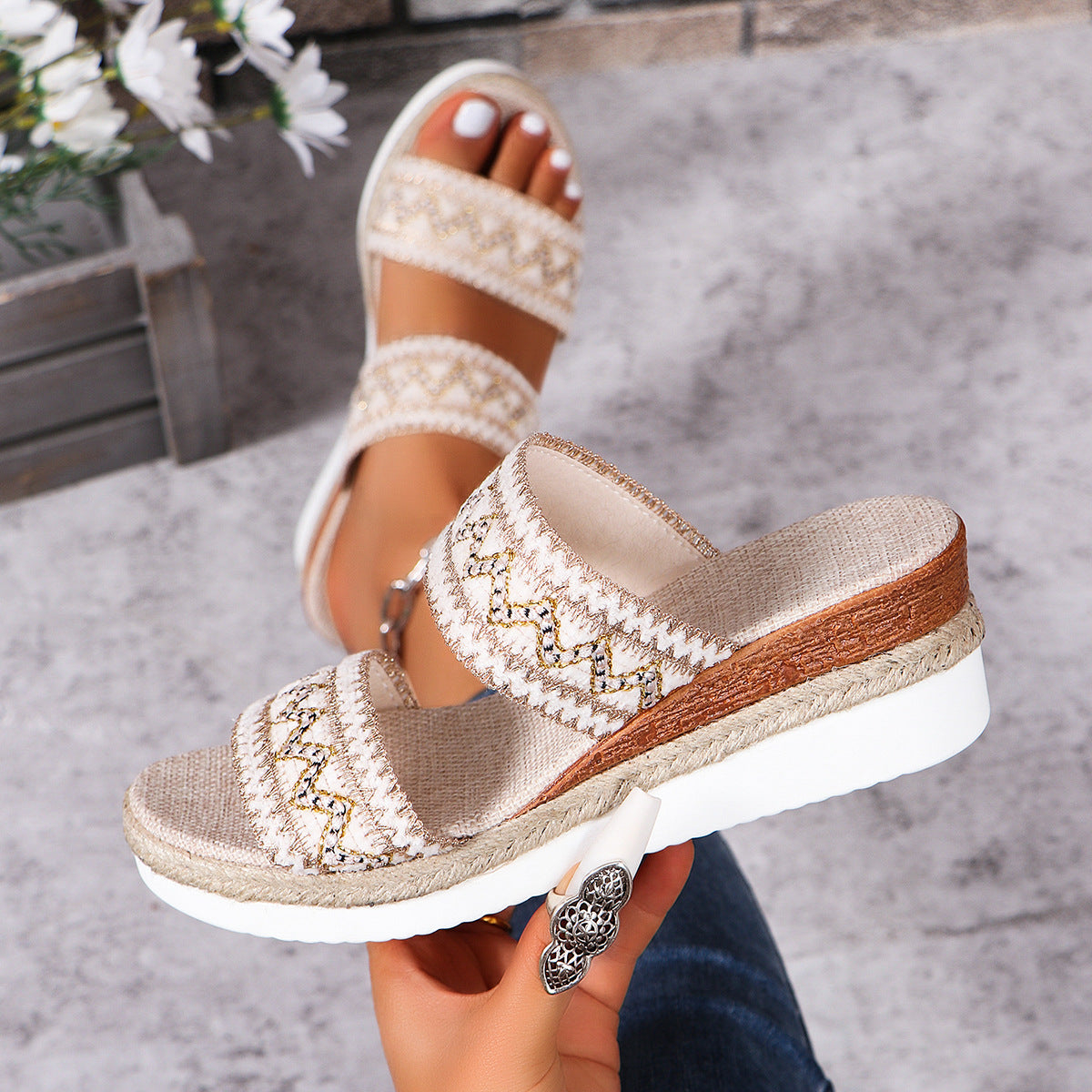 Buy Fashion Wavy Pattern Woven Sandals Summer Casual Ethnic Style Slippers Linen Bottom Wide Strap Wedges Shoes For Women online at DLC Market
