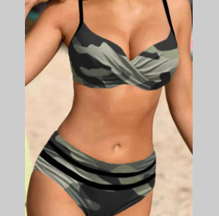 Sexy Bikini Solid Color Split Female Lace-up High Waist Swimsuit by null