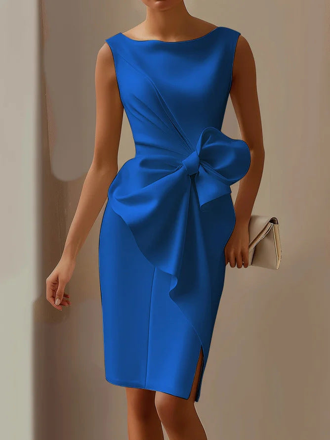 Fashion Bowknot Dress Solid Color Elegant Slim Sleeveless Dresses Women's Casual Office Party Clothing by null