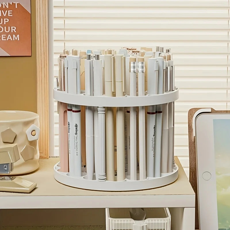 360° Rotating Brush Holder - White Plastic Organizer with Glaze Finish, Space-Saving Design for Art Brushes, Pens, Makeup Tools by DLC MARKET