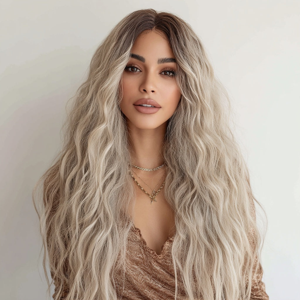 European And American Fashion T-shaped Lace Front Wig Gray Gradient Wavy Curly Hair Wig For Women SM9017 by null