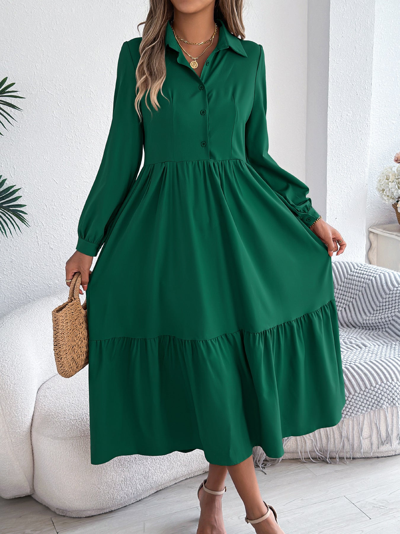 Buy Women's Lapel Casual Loose Long Sleeve Ruffled Shirt Dresses Long Sleeved Turn-down Collar Single-Breasted Dress Spring Autumn Fashion Women's Clothing For Vacation online at DLC Market