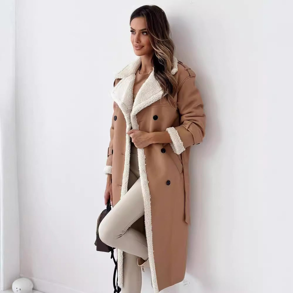 Winter Belted Double Breasted Lapel Trench Coat For Women Mid Length Windbreaker Overcoat Polyester by null