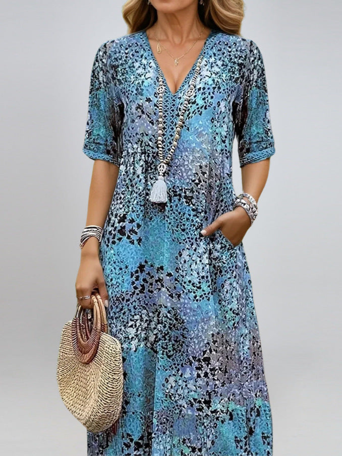 Summer V-neck Half-sleeved Dress With Pockets Fashion Ethnic Print Dresses Beach Holiday Clothing For Women by null