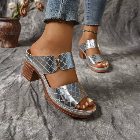 Buy Chunky Heel Sandals Summer Round Toe Plaid Slides Slippers Fashion Outdoor High Heels Shoes For Women online at DLC Market