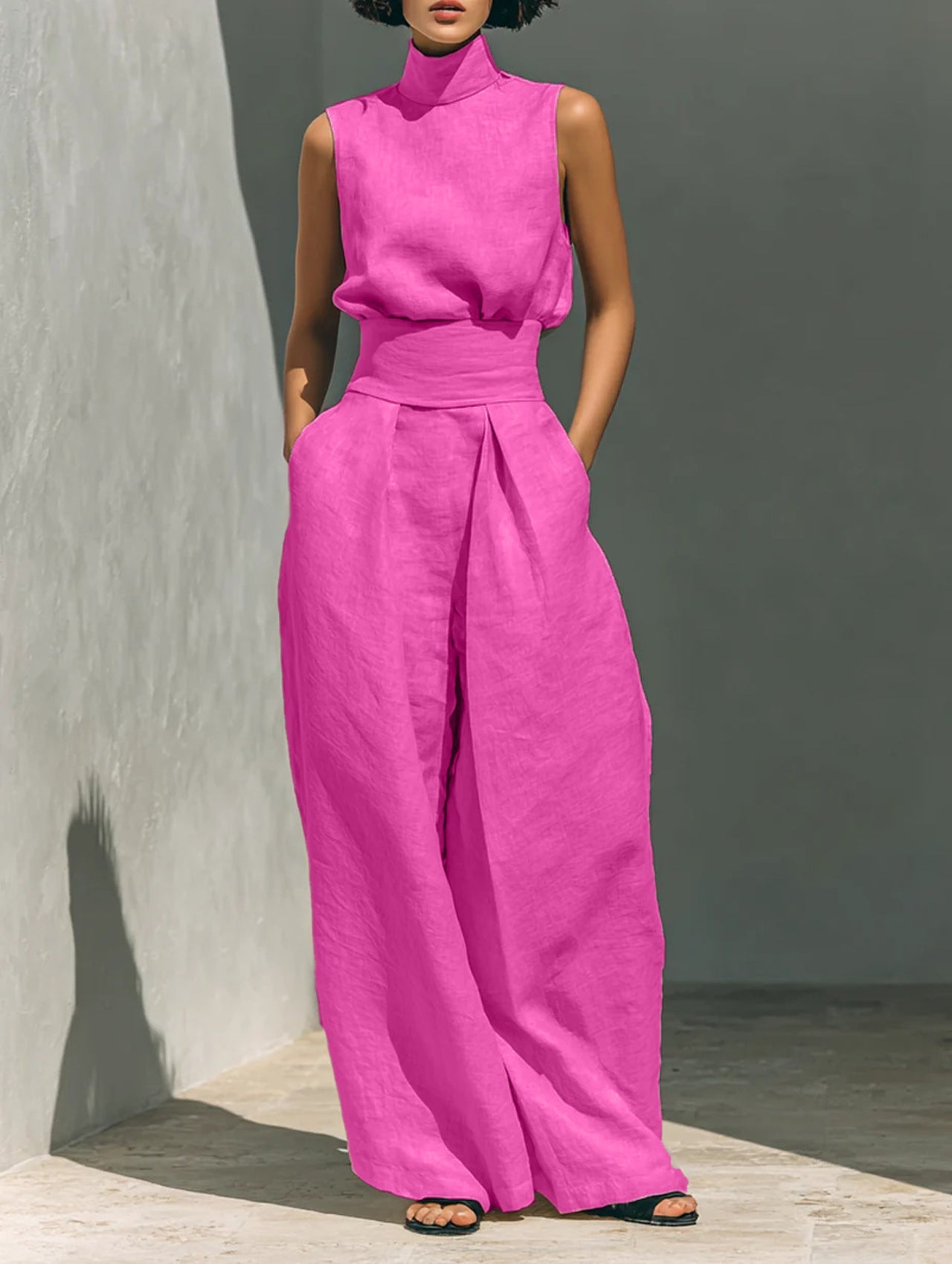 Casual Sleeveless Suit Summer Stand-up Collar Pullover Top And Loose Straight-leg Trousers Women's Clothing by null