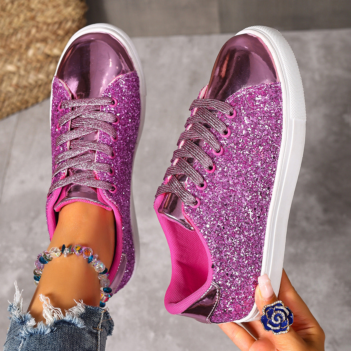 Buy Plus Size Sequined Front Lace-up Solid Color Plus Size Board Shoes online at DLC Market