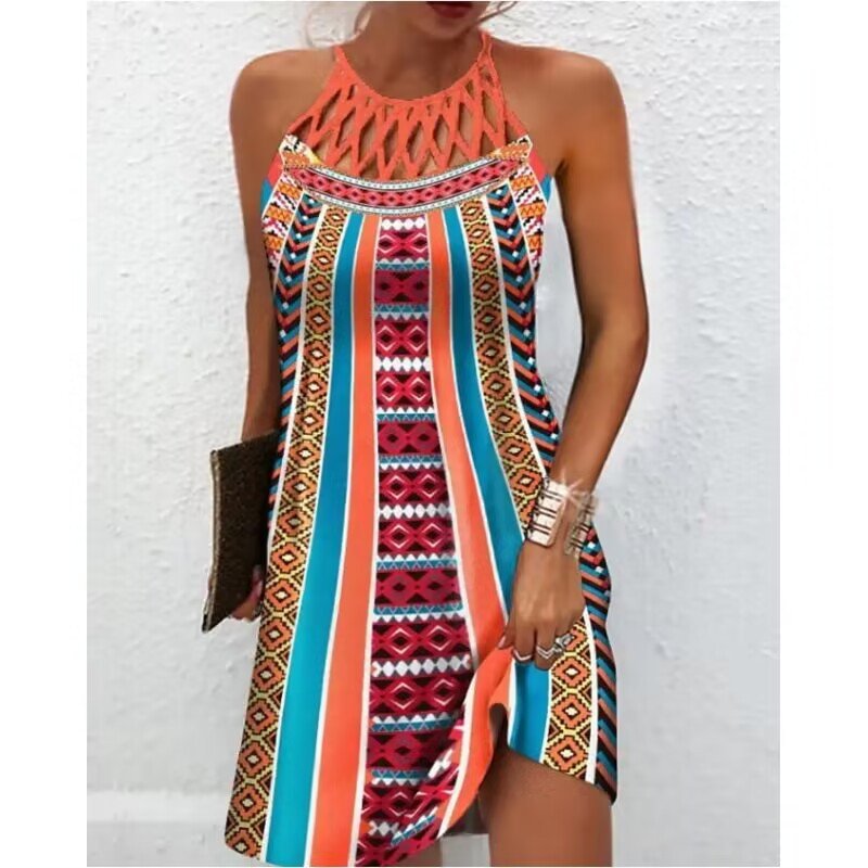 Fashion Print Dress Casual Halterneck Dresses For Women Summer Clothes by null