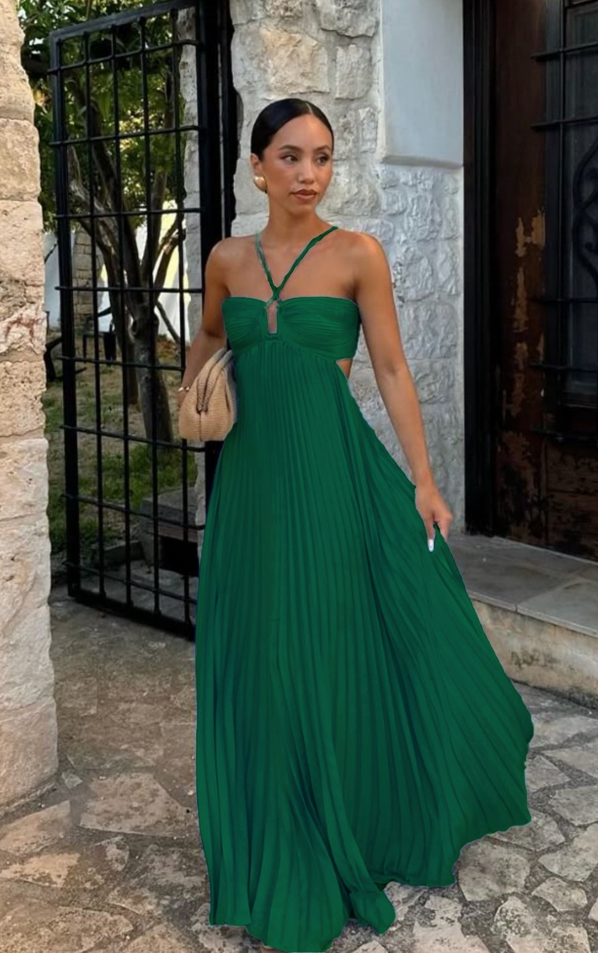 Ins Pleated Sleeveless Sling Dress Hollow High Waist Halter Robe Dresses For Evening Party Club Clothing Women by null
