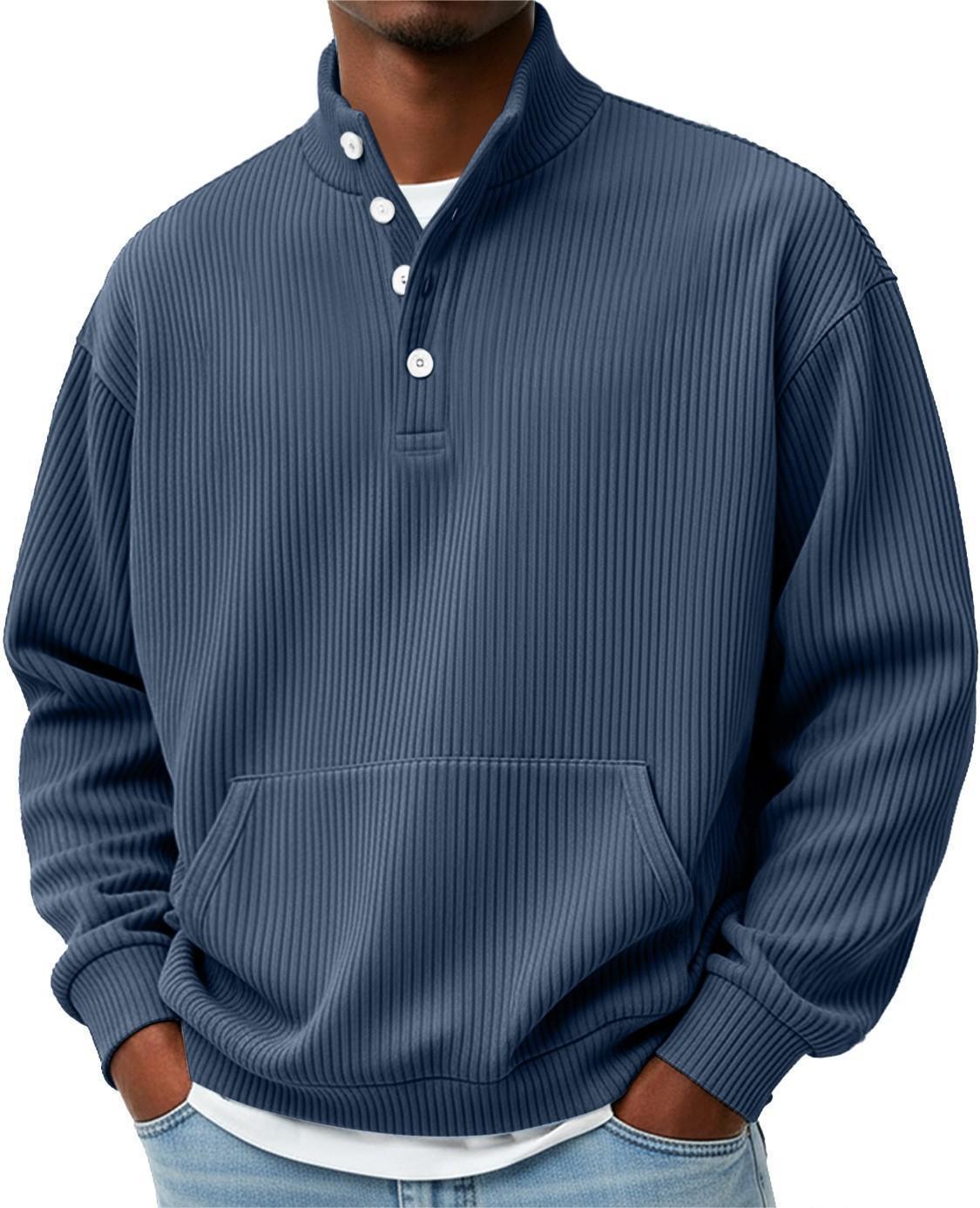 Mens Solid-Color Turtleneck Casual Long-Sleeve Polo Sweatshirt With Pockets For Men Spring Autumn Clothing Loose Button Polo Collar Tees Tops Man Outwear by null