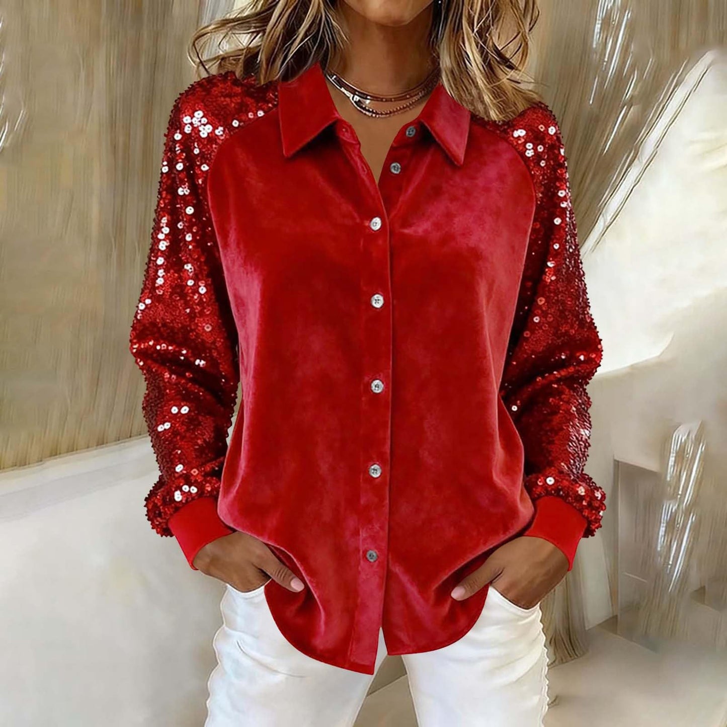 Women's Fashion Sequins Long Sleeve Blouses Casual Solid Long Sleeve Turn-down Collar Button Shirts Top Women Holiday Streetwear Clubwear Clothes by null