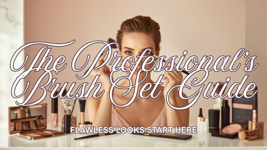 Woman applying makeup with a professional 13-piece brush set at a bright vanity