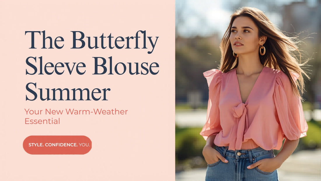 Woman wearing a gossamer pink butterfly sleeve bow knot blouse — the summer 2026 fashion trend from DLC Market