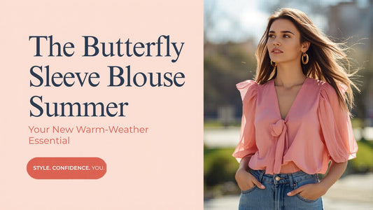 Woman wearing a gossamer pink butterfly sleeve bow knot blouse — the summer 2026 fashion trend from DLC Market