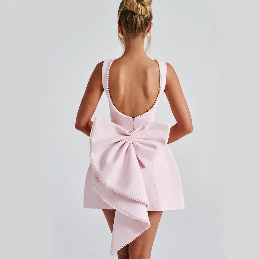 Fashion Big-Bowed Pearls Backless Dress Summer Slim Sleeveless A-line Dresses For Party Evening Women's Clothing by null