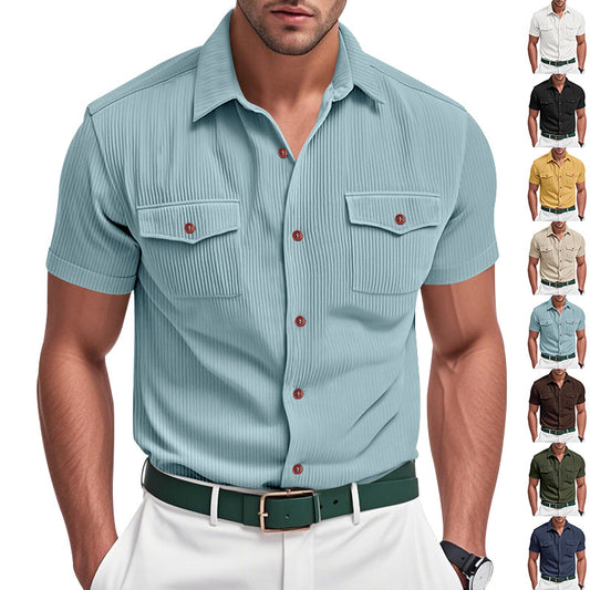 Loose Heavy Lapel Corduroy Workwear Short Sleeve Shirt by null