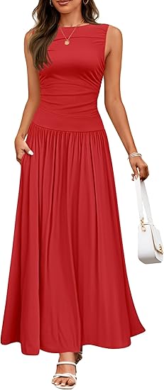 Buy Women's Summer Sleeveless Maxi Dress Casual Round Neck Pleated Elegant Maxi Dress With Pockets online at DLC Market