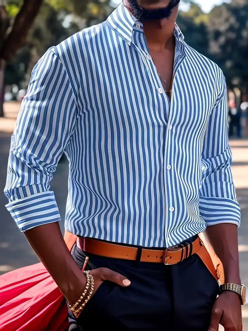Ins Stripe Printed Long Sleeve Shirt Men Fashion Casual Lapel Button Top Clothing by null