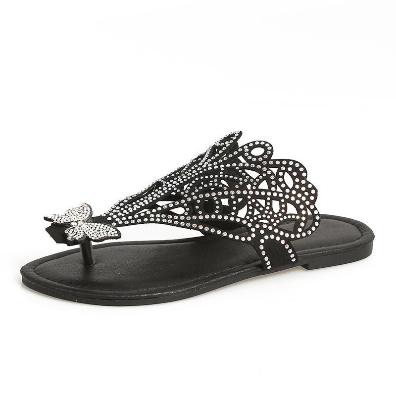 Buy Slip-on Flip-toe Sandals Women's Rhinestone Hollow Flat-heeled Slippers online at DLC Market