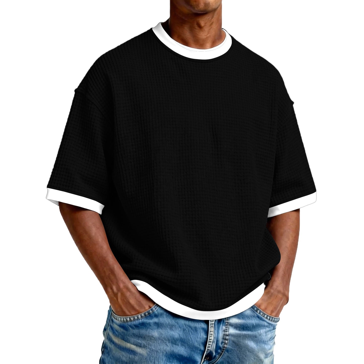 Men's Crew Neck Contrast Color Casual T-Shirt - Cotton Blend Lightweight Short Sleeve Top For Daily Wear by null