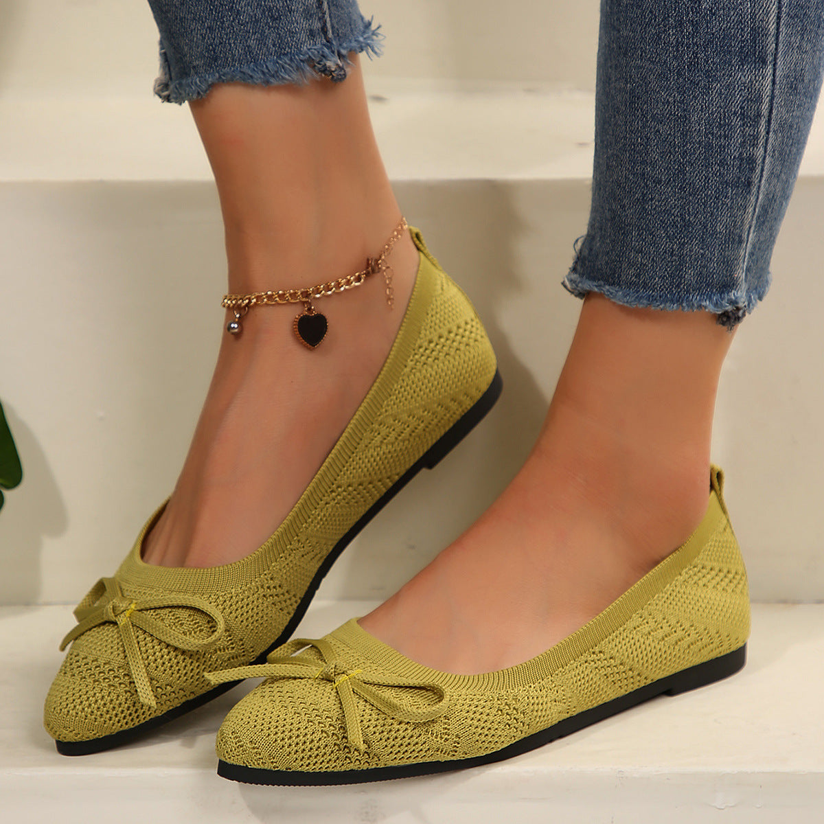 Buy Bow Knitted Loafers Ins Fashion Pointed-toed Flats Shoes For Women online at DLC Market