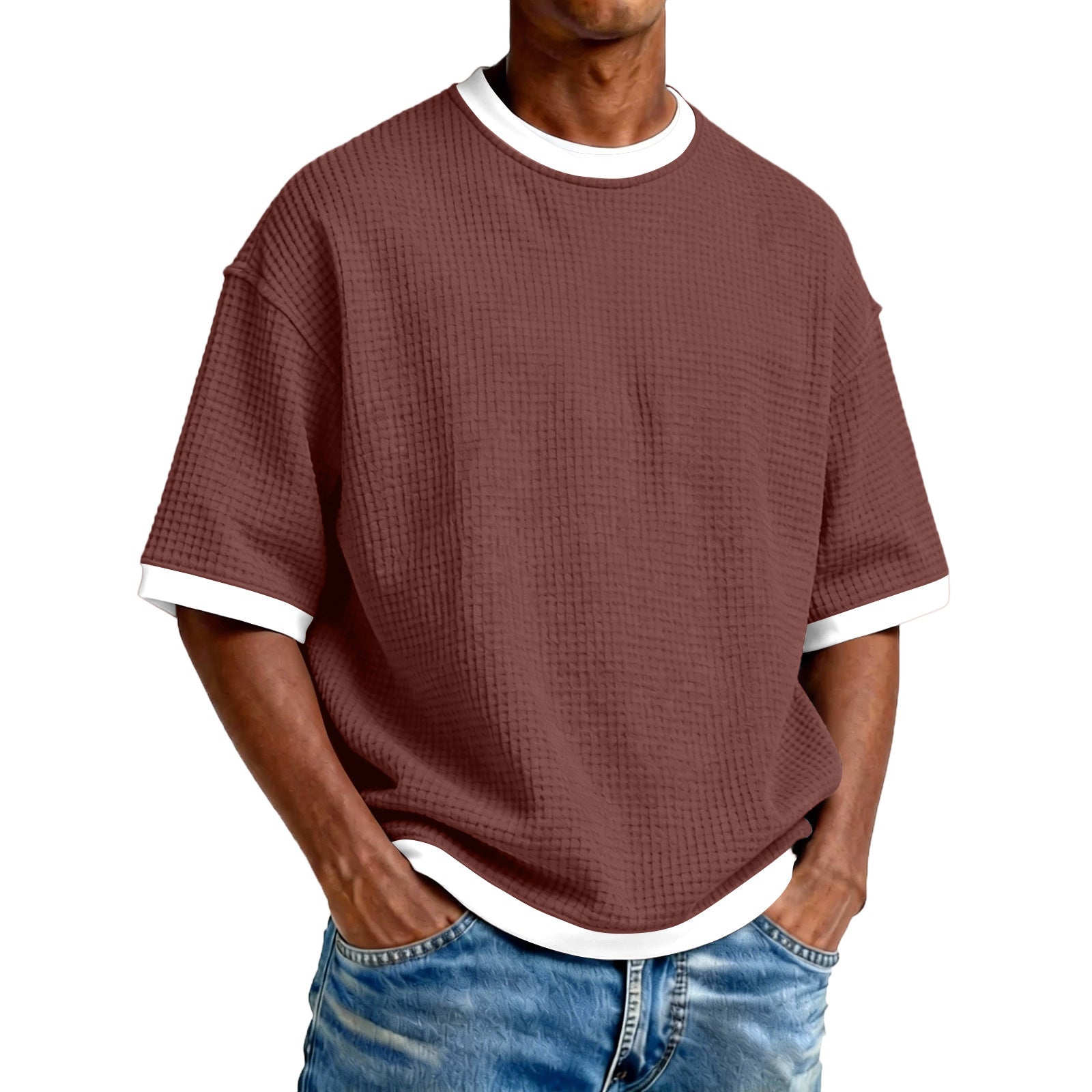 Men's Crew Neck Contrast Color Casual T-Shirt - Cotton Blend Lightweight Short Sleeve Top For Daily Wear by null