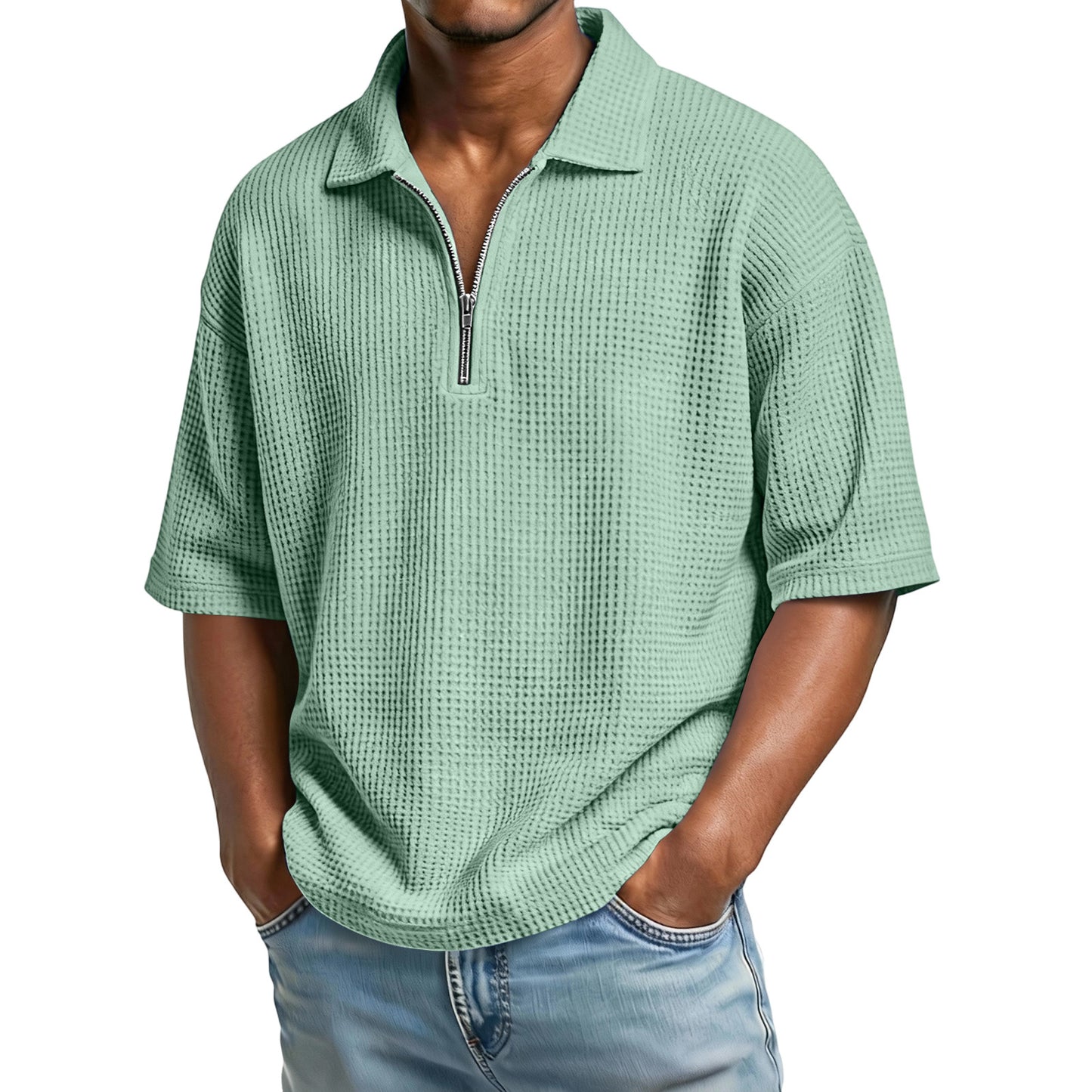 Men's Waffle-Weave Short-Sleeved Shirts Summer Solid Color Lapel Polo Shirt T-Shirt Beach Style Tops by null
