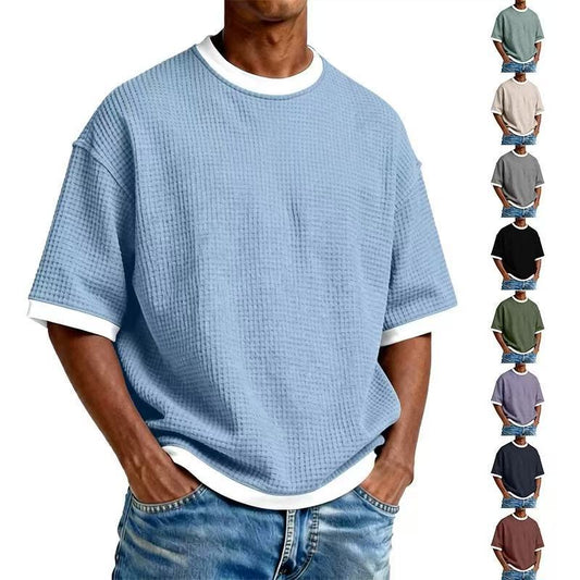 Men's Crew Neck Contrast Color Casual T-Shirt - Cotton Blend Lightweight Short Sleeve Top For Daily Wear by null