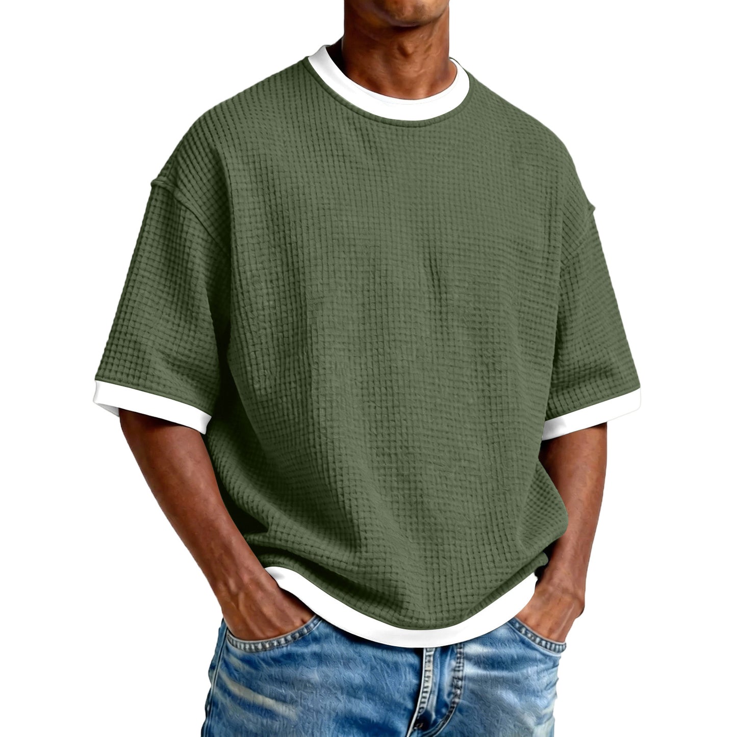 Men's Crew Neck Contrast Color Casual T-Shirt - Cotton Blend Lightweight Short Sleeve Top For Daily Wear by null