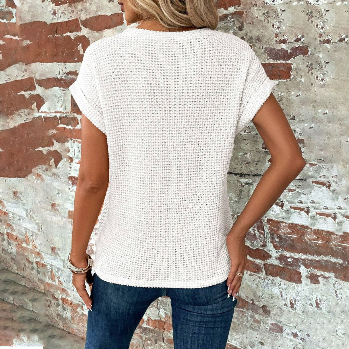 Buy Short-sleeved Waffle T-shirt Summer New Solid Color Crew Neck Top For Womens Clothing online at DLC Market