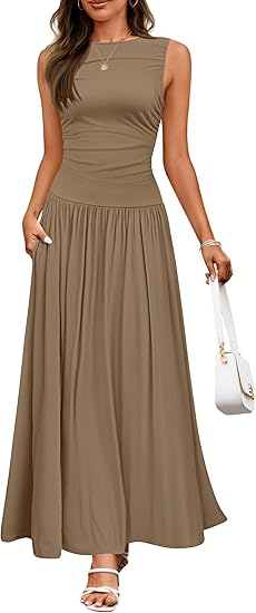 Buy Women's Summer Sleeveless Maxi Dress Casual Round Neck Pleated Elegant Maxi Dress With Pockets online at DLC Market