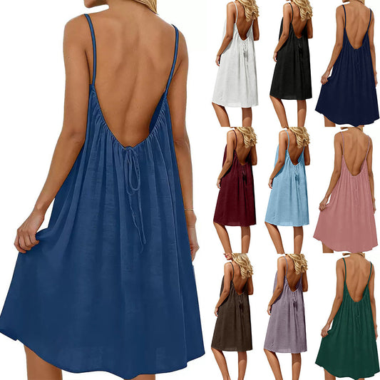 Women's Solid Color Spaghetti Strap Backless Dress - Sleeveless Summer Bodycon Fit Casual Evening Dress For Daily Wear Holiday Outfit by null