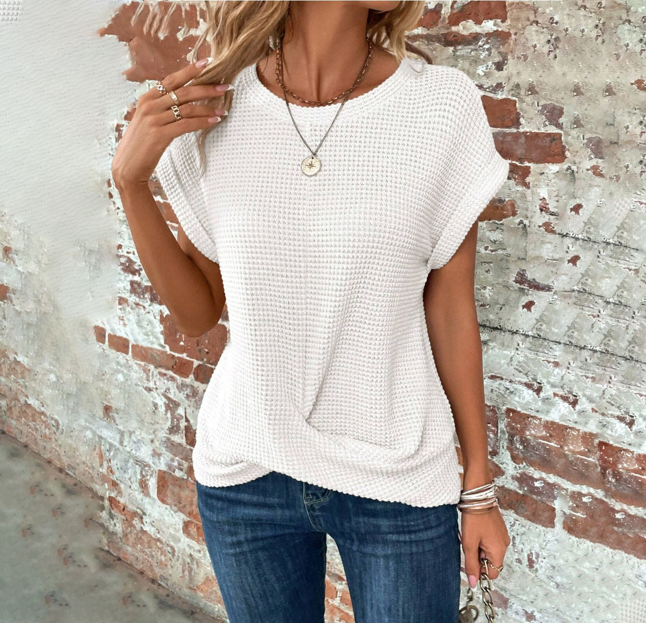 Buy Short-sleeved Waffle T-shirt Summer New Solid Color Crew Neck Top For Womens Clothing online at DLC Market