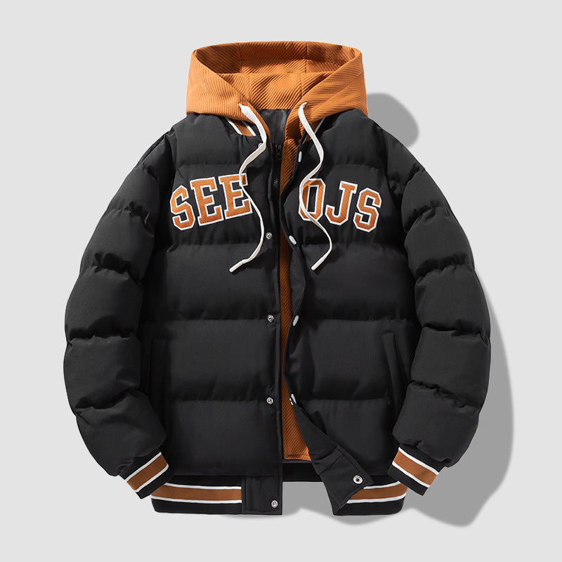 Fashion Letter Hooded Cotton Coat Winter Warm Solid Zipper Jacket For Men Teenagers Clothing by null