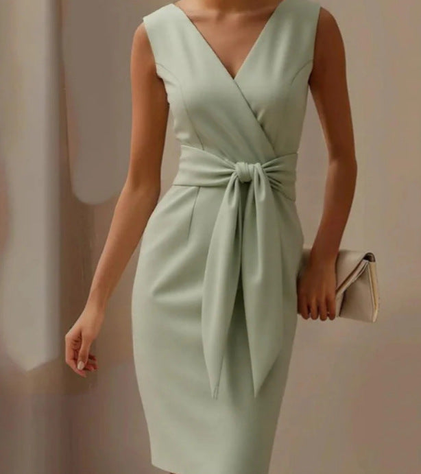 Fashion Bowknot Dress Solid Color Elegant Slim Sleeveless Dresses Women's Casual Office Party Clothing by null