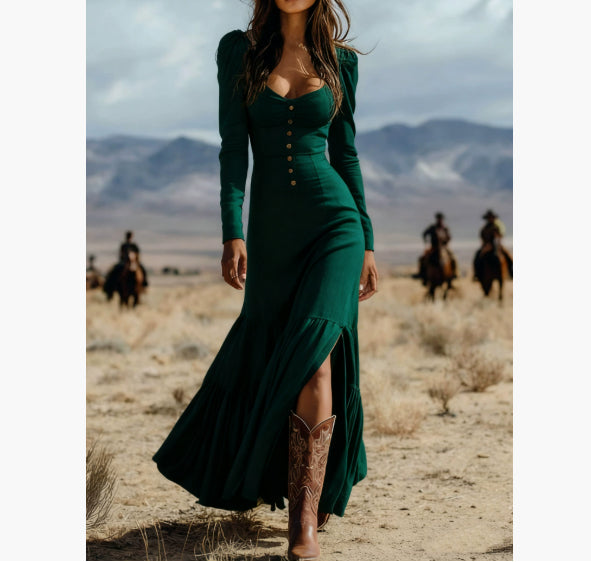 Buy Retro Western Style Button Pleated Long Sleeve Sexy Dress online at DLC Market