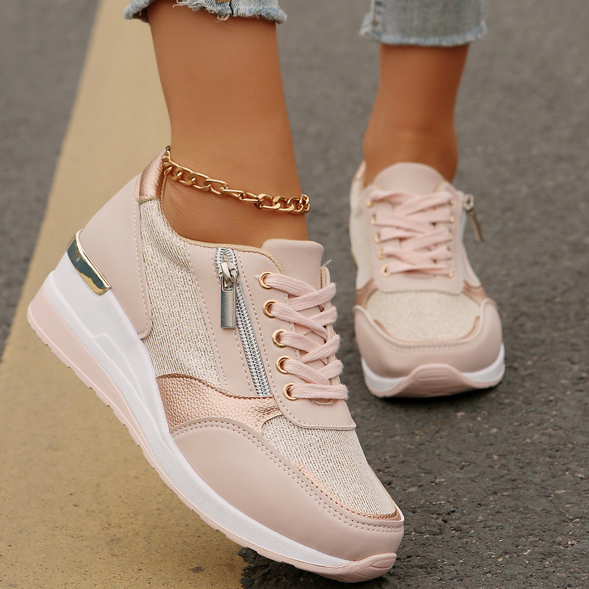 Buy Women's Lace-up Casual Shoes FFashion Side Zipper Design Thick-soled Shoes Walking Running Sports Sneakers online at DLC Market