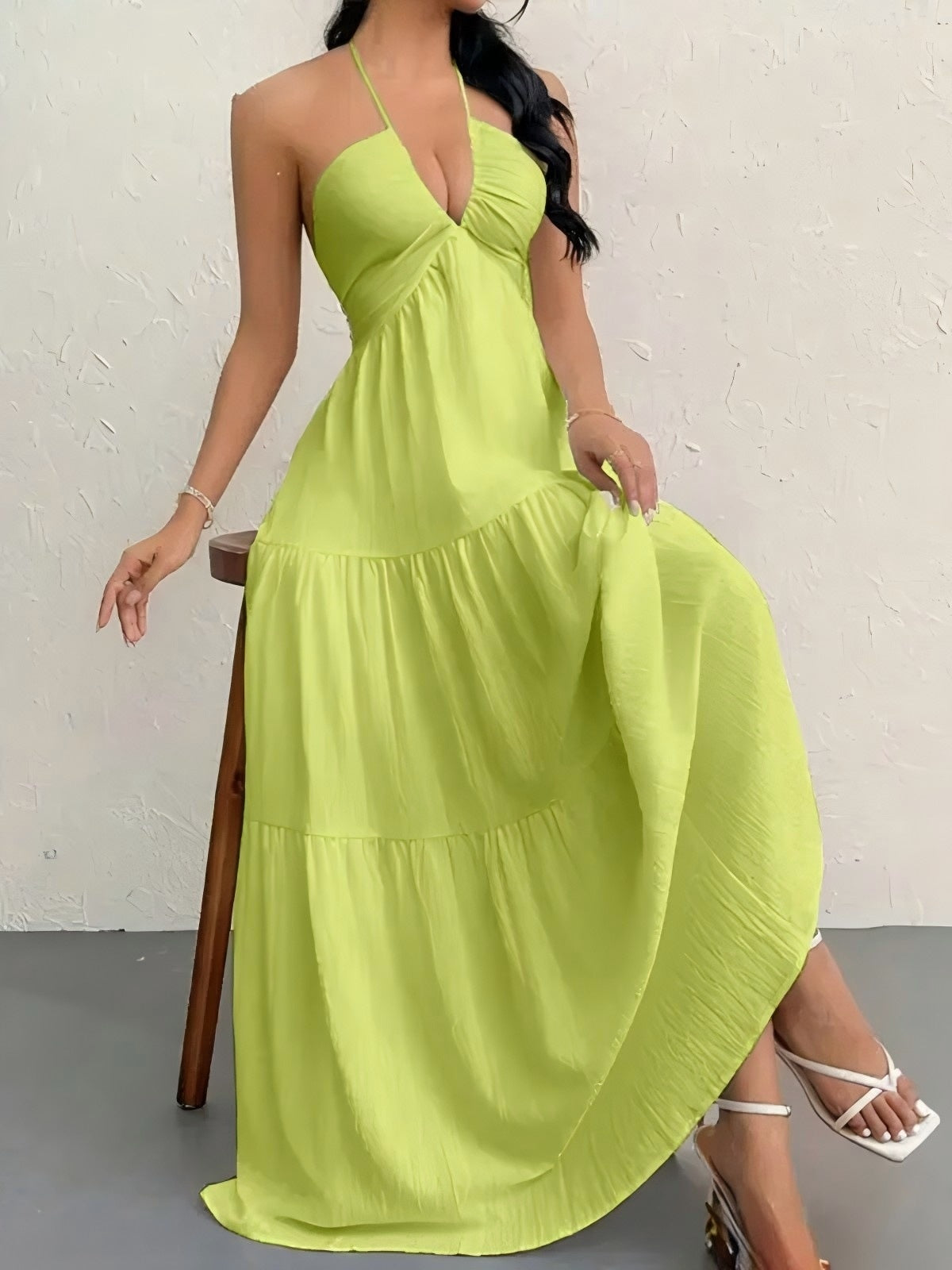 Backless Halterneck V-Neck Pleated A- Line Dress Women's Clothing One-Piece Dress Ankle-length Skirt For Beach Vacation Outfits by null