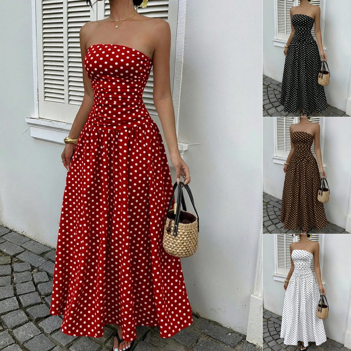 Elegant Polka-dot Off-shoulder Dresses Solid Color Strapless Lady High-waist Robe Commuting Party Business Beach Holiday Outfit by null