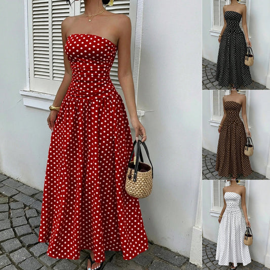 Elegant Polka-dot Off-shoulder Dresses Solid Color Strapless Lady High-waist Robe Commuting Party Business Beach Holiday Outfit by null